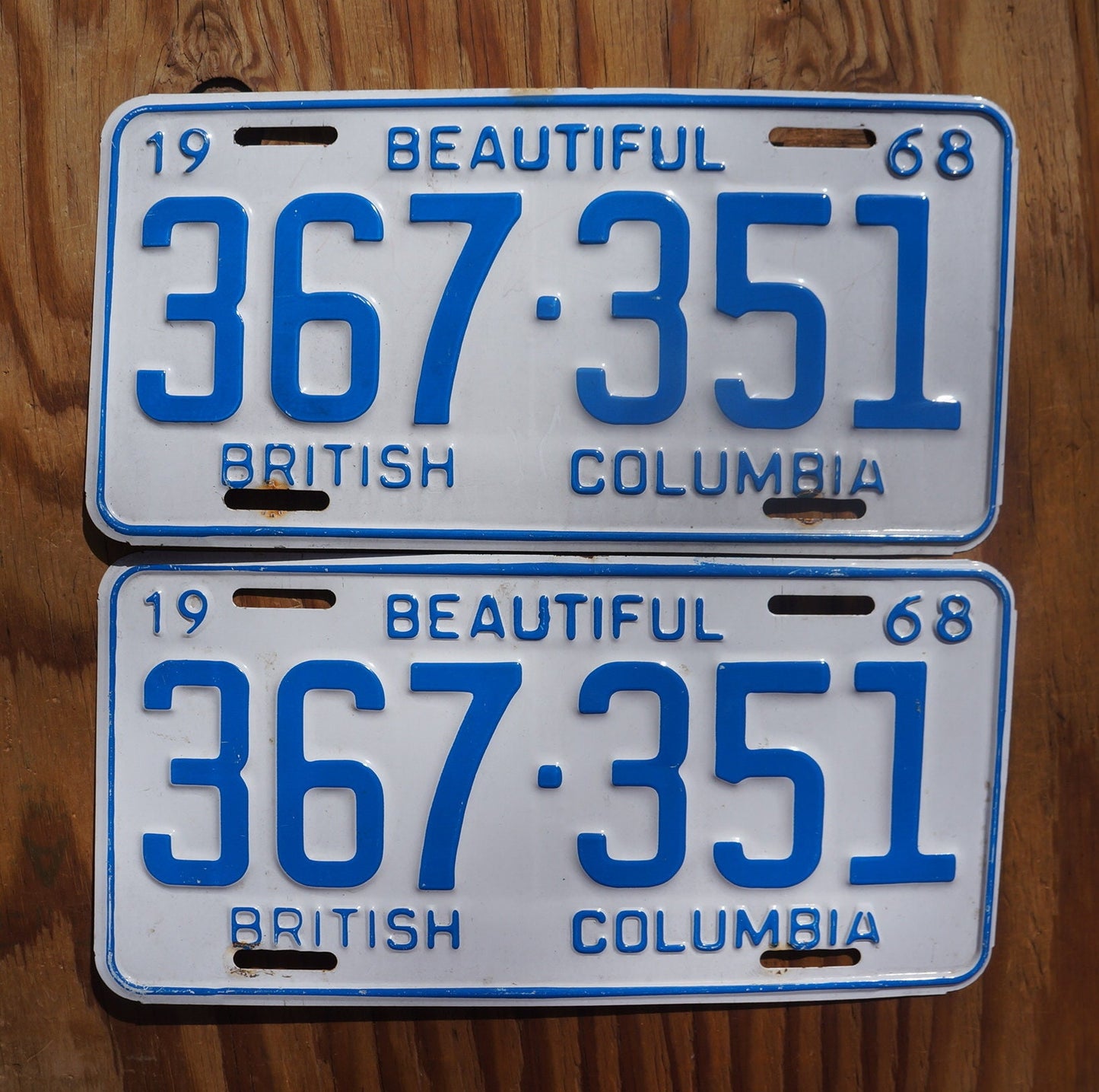 1968 British Columbia License Plate PAIR: Vintage Canada Tag Set