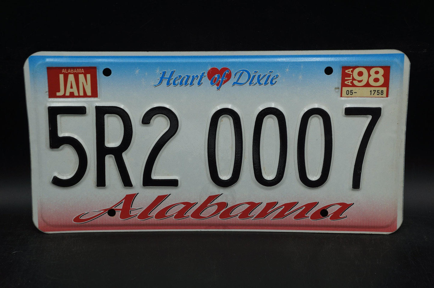 1998 Alabama HEART OF DIXIE License Plate #5R2 0007