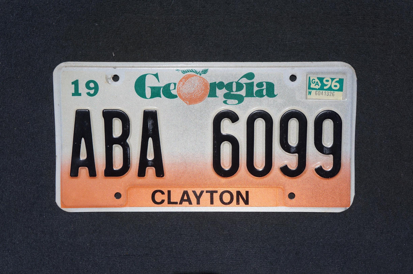 1996 Georgia Peach License Plate CLAYTON County # ABA 6099
