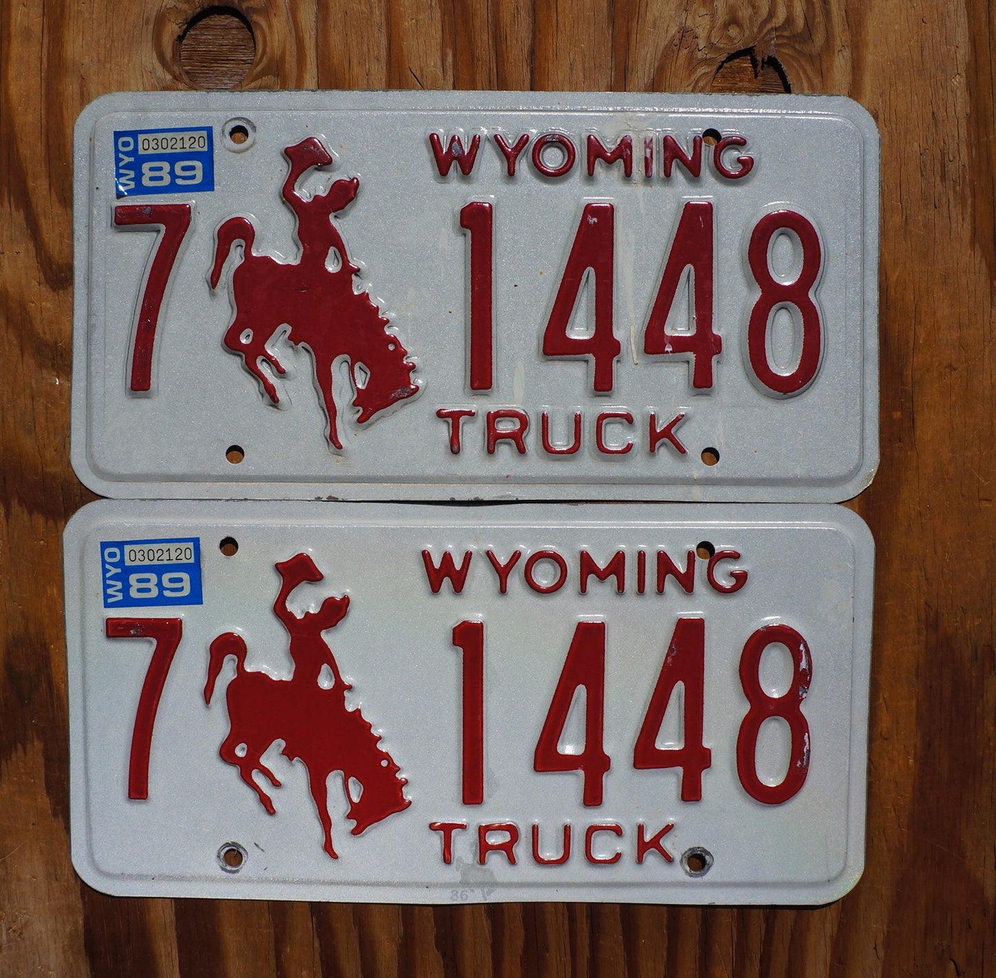 1989 Wyoming TRUCK Cowboy Horse Red License Plate Set / Pair # 1448
