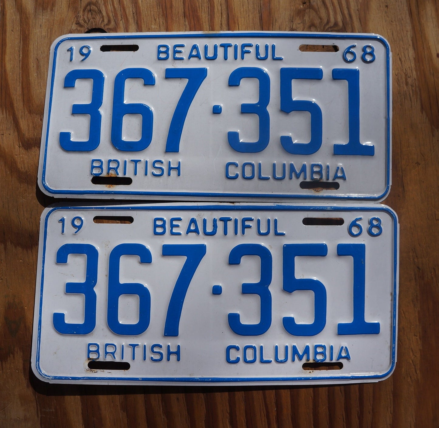 1968 British Columbia License Plate PAIR: Vintage Canada Tag Set