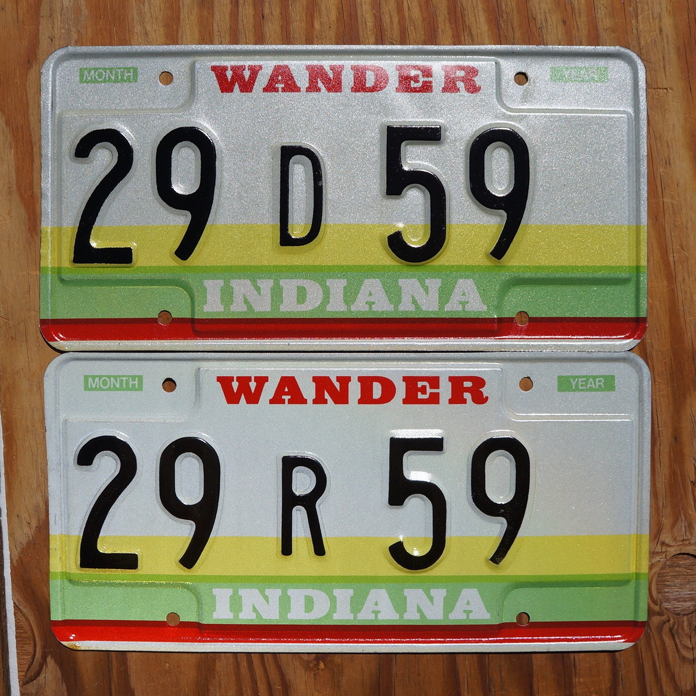 1980s Indiana Wander License Plate Pair: Yellow, Green, and Red Stripes