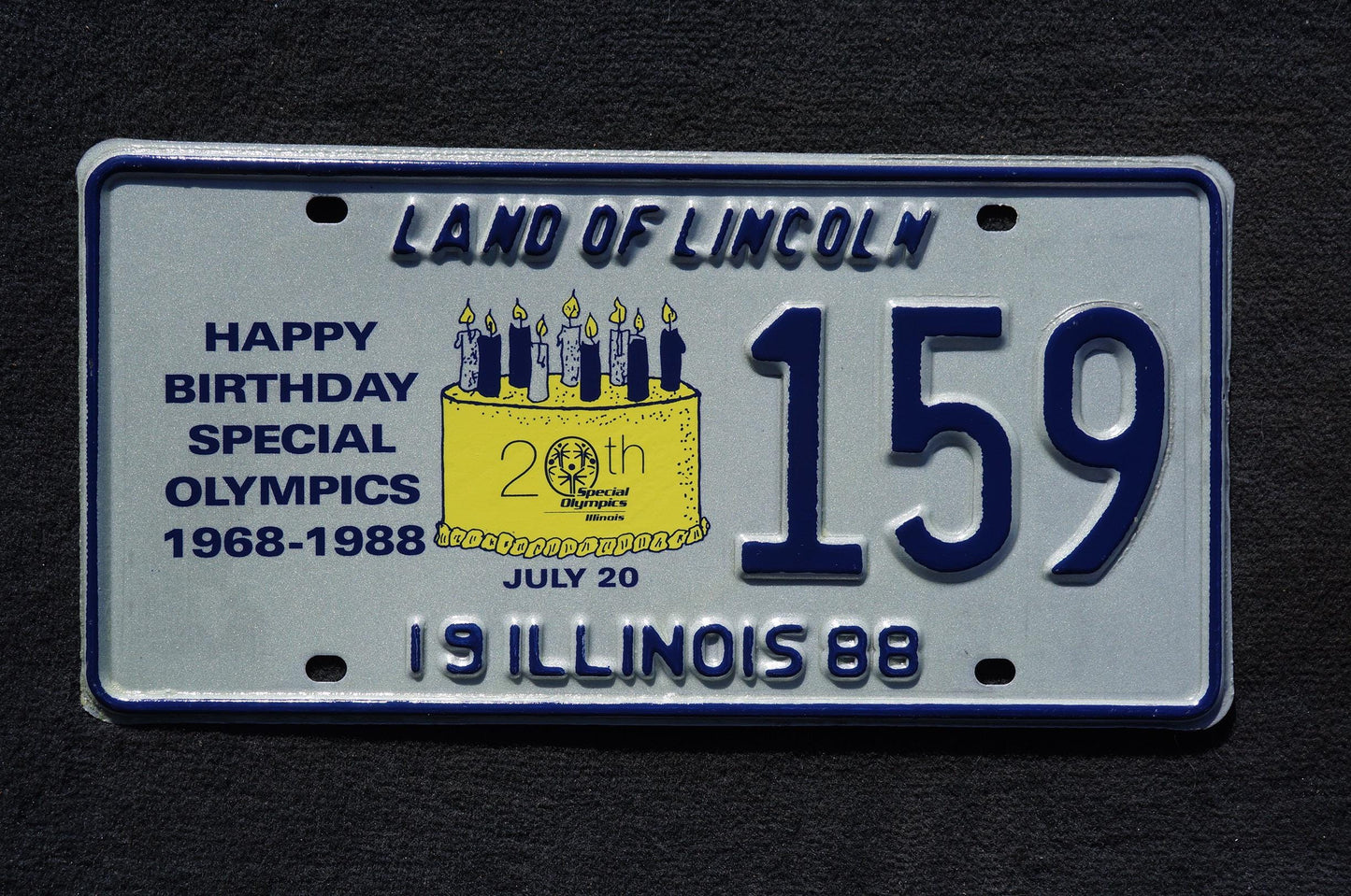 1988 Illinois 20th Special Olympics Happy Birthday License Plate # 159