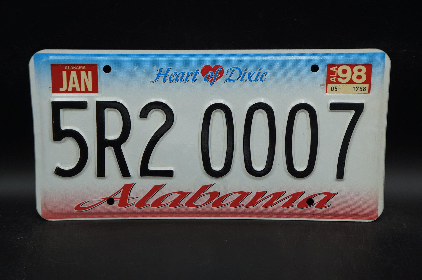 1998 Alabama HEART OF DIXIE License Plate #5R2 0007