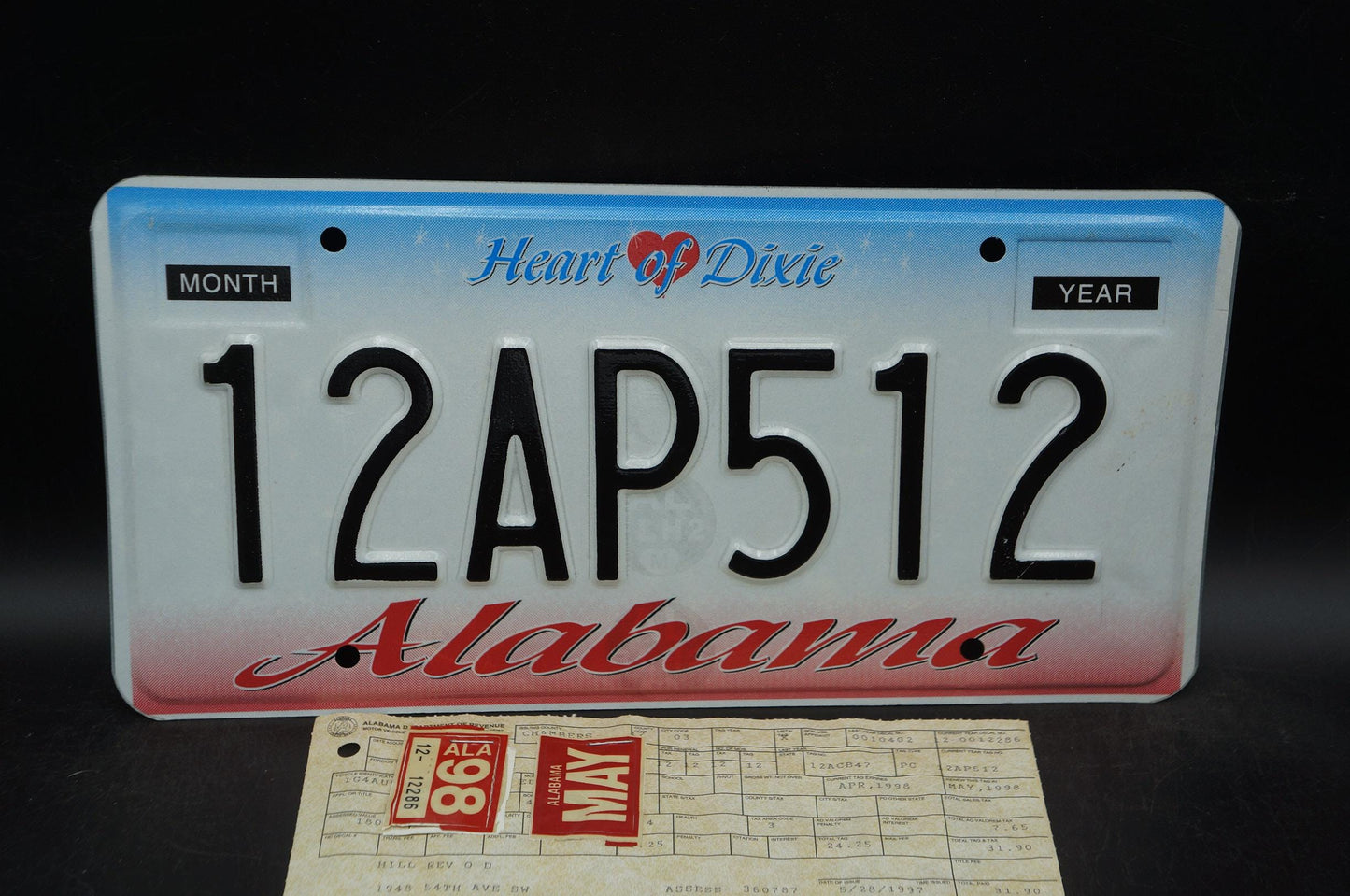1998 Alabama HEART OF DIXIE License Plate with Original Registration