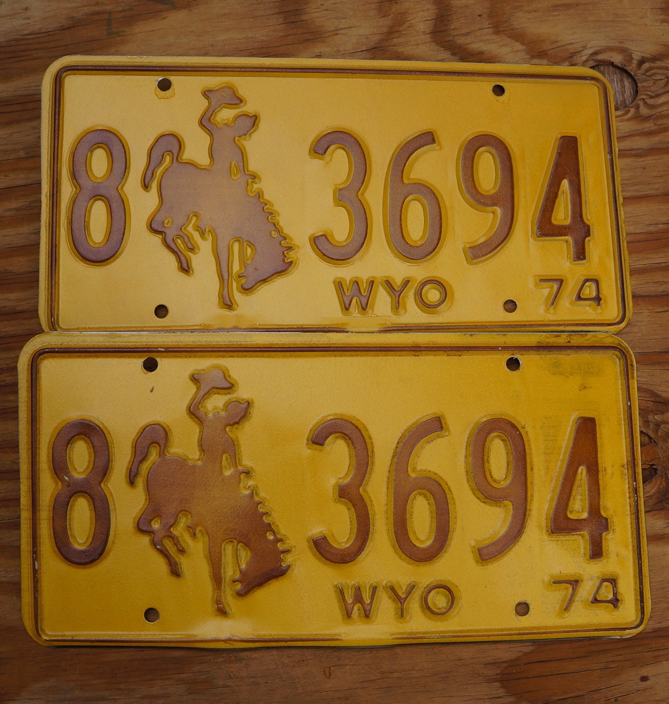 1974 Wyoming Cowboy Horse License Plate Pair - Unused Original