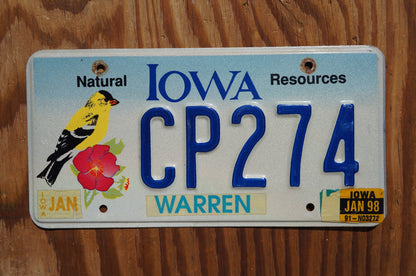 1998 Iowa NATURAL RESOURCES Graphic License Plate - Yellow Bird Red Flower