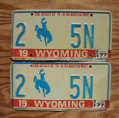 1977 Wyoming BICENTENNIAL Cowboy Horse License Plate SET / PAIR Low # 5N