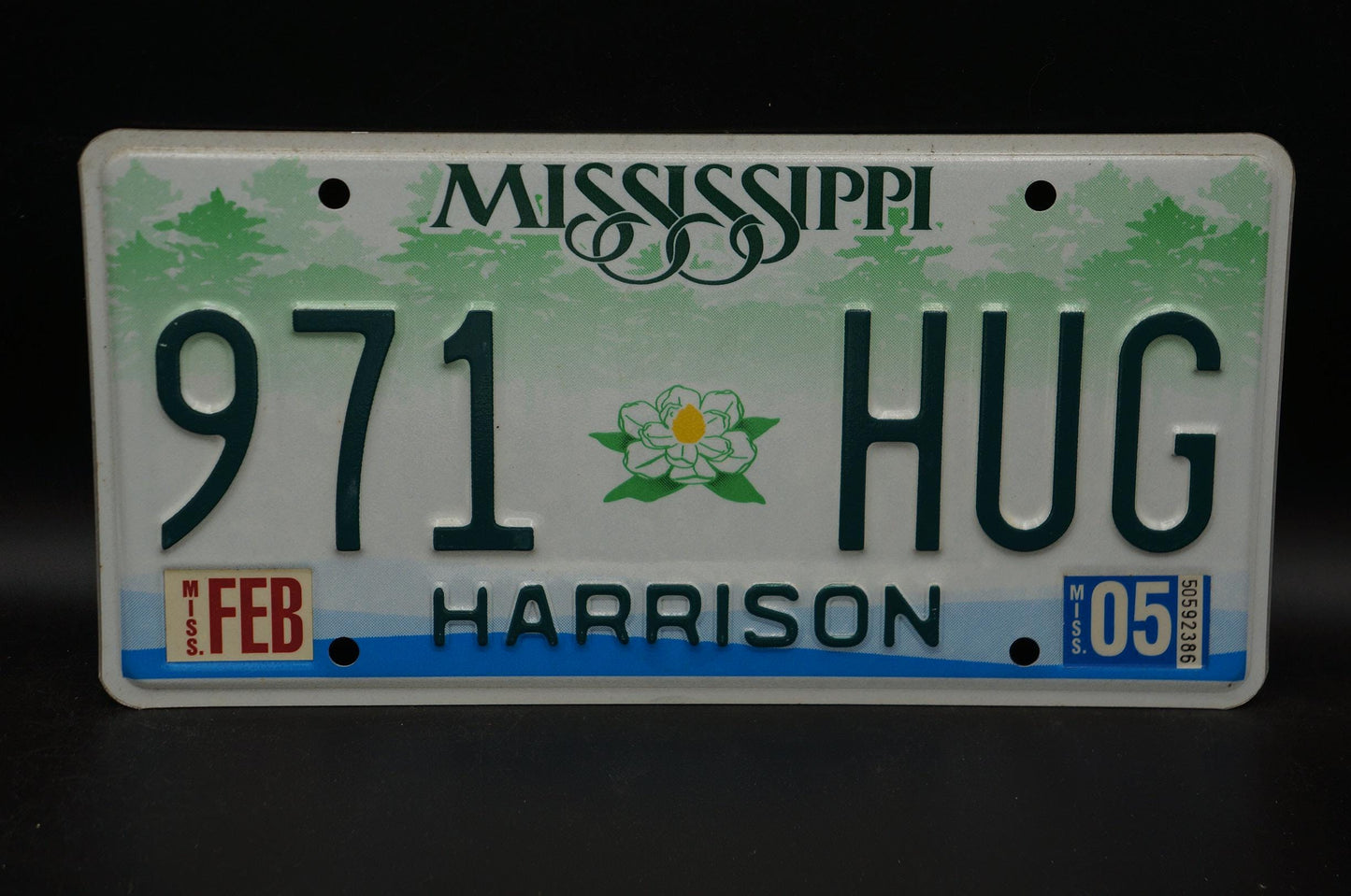2005 Mississippi Embossed Green White Magnolia Flower License Plate # 971 HUG