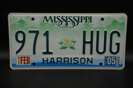 2005 Mississippi Embossed Green White Magnolia Flower License Plate # 971 HUG