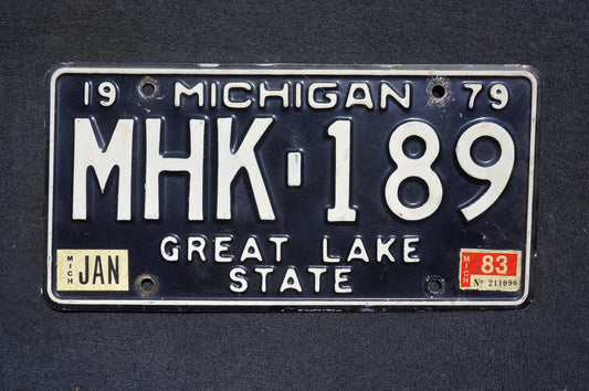 1979 1983 Michigan Black License Plate - Great Lake State # MHK -189