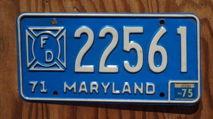 1971 to 1975 Maryland Firefighter Fire Department Blue License Plate # 22561