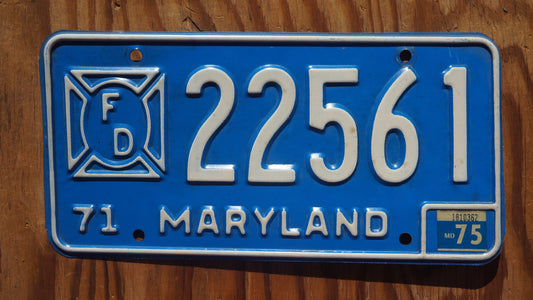 1971 to 1975 Maryland Firefighter Fire Department Blue License Plate # 22561