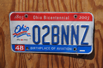 2003 OHIO Vanity Bicentennial License Plate - O2BNNZ - Oh to Be In New Zealand