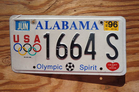 1996 Alabama OLYMPIC SPIRIT License Plate - 5 Rings USA Soccer Game