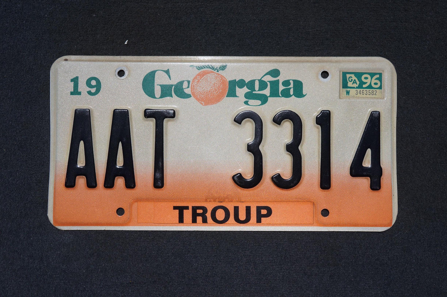 1996 Georgia Peach License Plate TROUP County # AAT 3314
