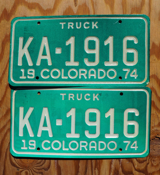 1974 Colorado Truck License Plate Pair: Green Vintage Tag Set