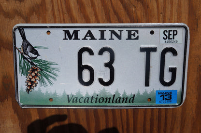 2013 Maine License Plate BIRD Pine Cone # 63 TG - Vacationland