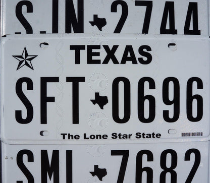 Authentic Texas License Plate: Black on White, Lone Star State Logo
