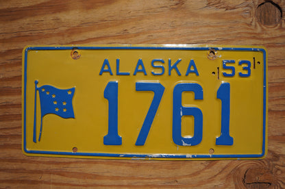 1953 Alaska License Plate FLAG # 1761 Low Number 4 Digits