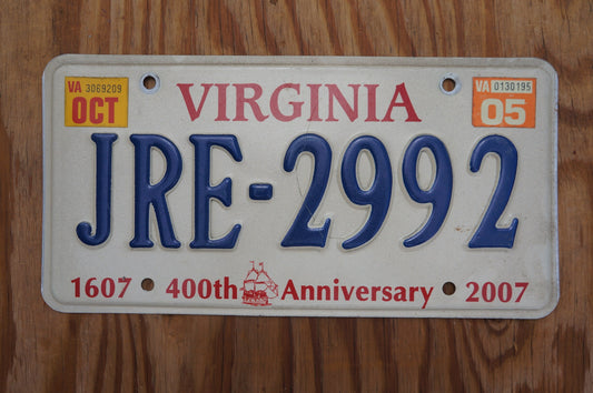 2005 Virginia 400th Anniversary License Plate # JRE - 2992