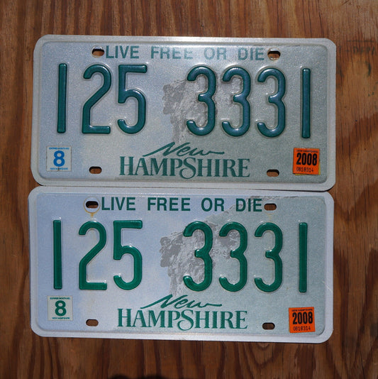 2008 New Hampshire license plate SET / PAIR # 125 3331