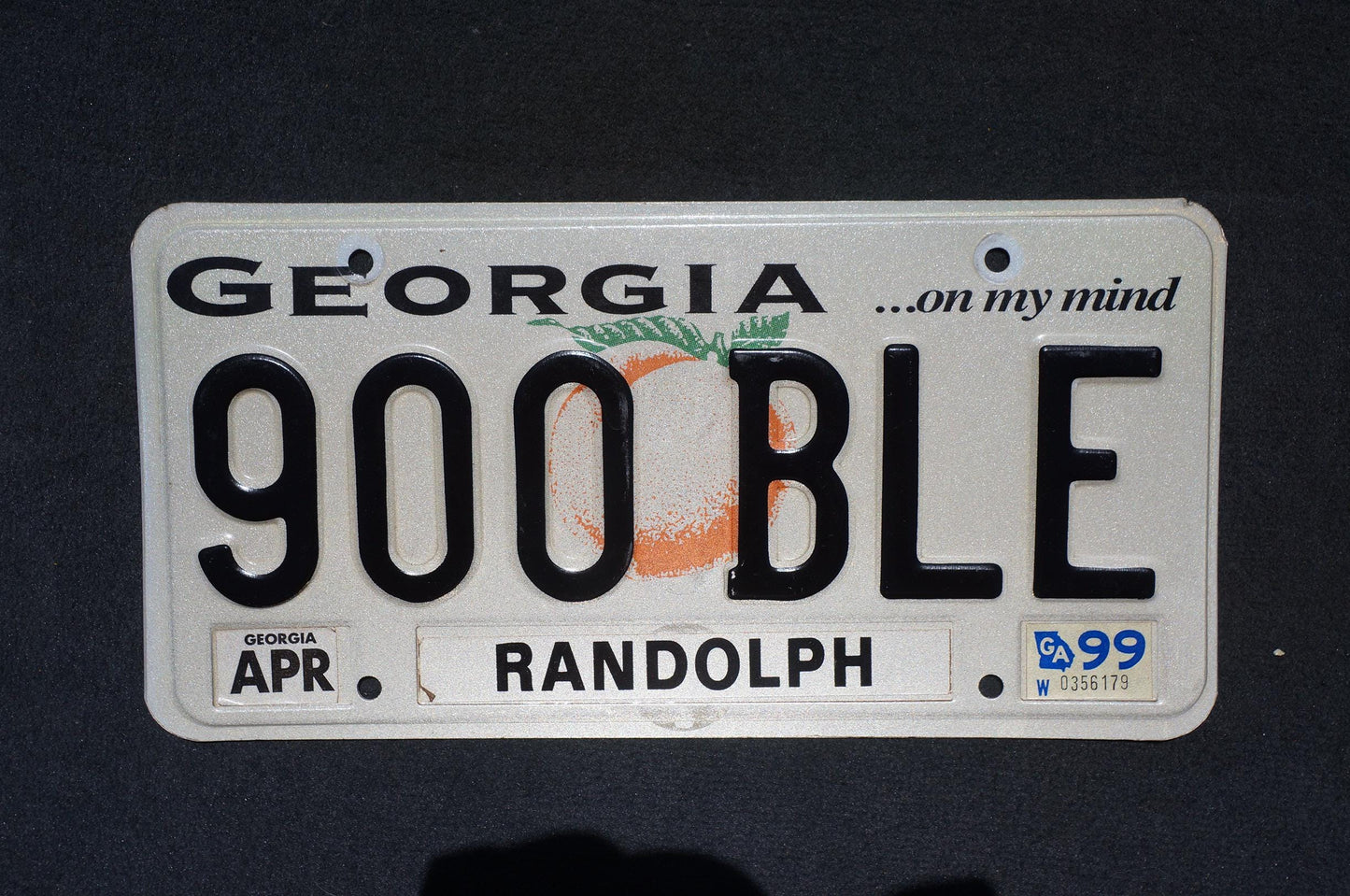 1999 Georgia On My Mind Peach License Plate RANDOLPH County # 900 BLE