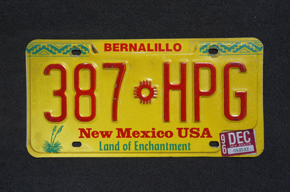 1996 New Mexico Yellow License Plate # 387 HPG