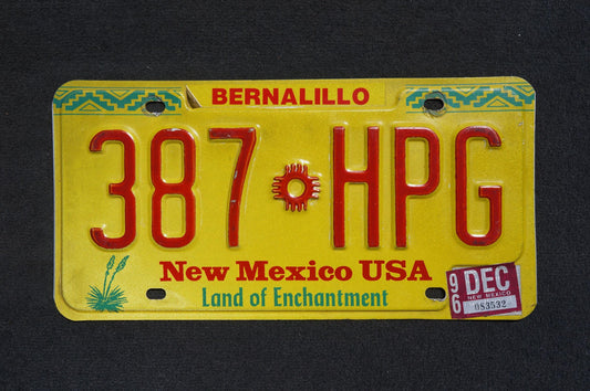 1996 New Mexico Yellow License Plate # 387 HPG