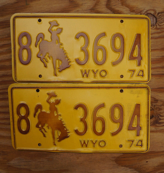 1974 Wyoming Cowboy Horse License Plate Pair - Unused Original