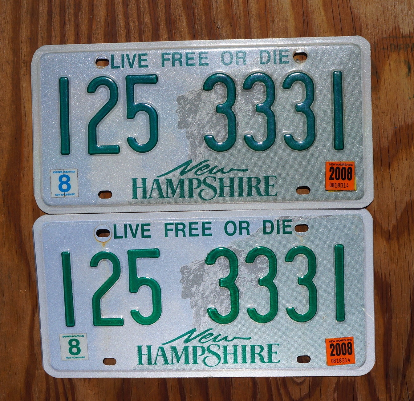 2008 New Hampshire license plate SET / PAIR # 125 3331