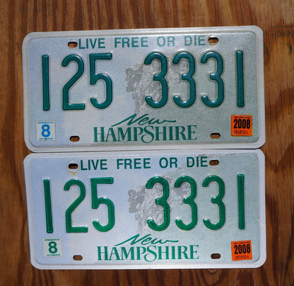 2008 New Hampshire license plate SET / PAIR # 125 3331