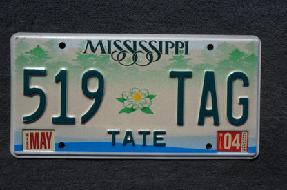 2004 Mississippi Embossed Green White Magnolia Flower License Plate # 519 TAG