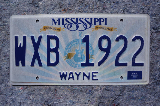 Mississippi Embossed Guitar License Plate # WXB 1922