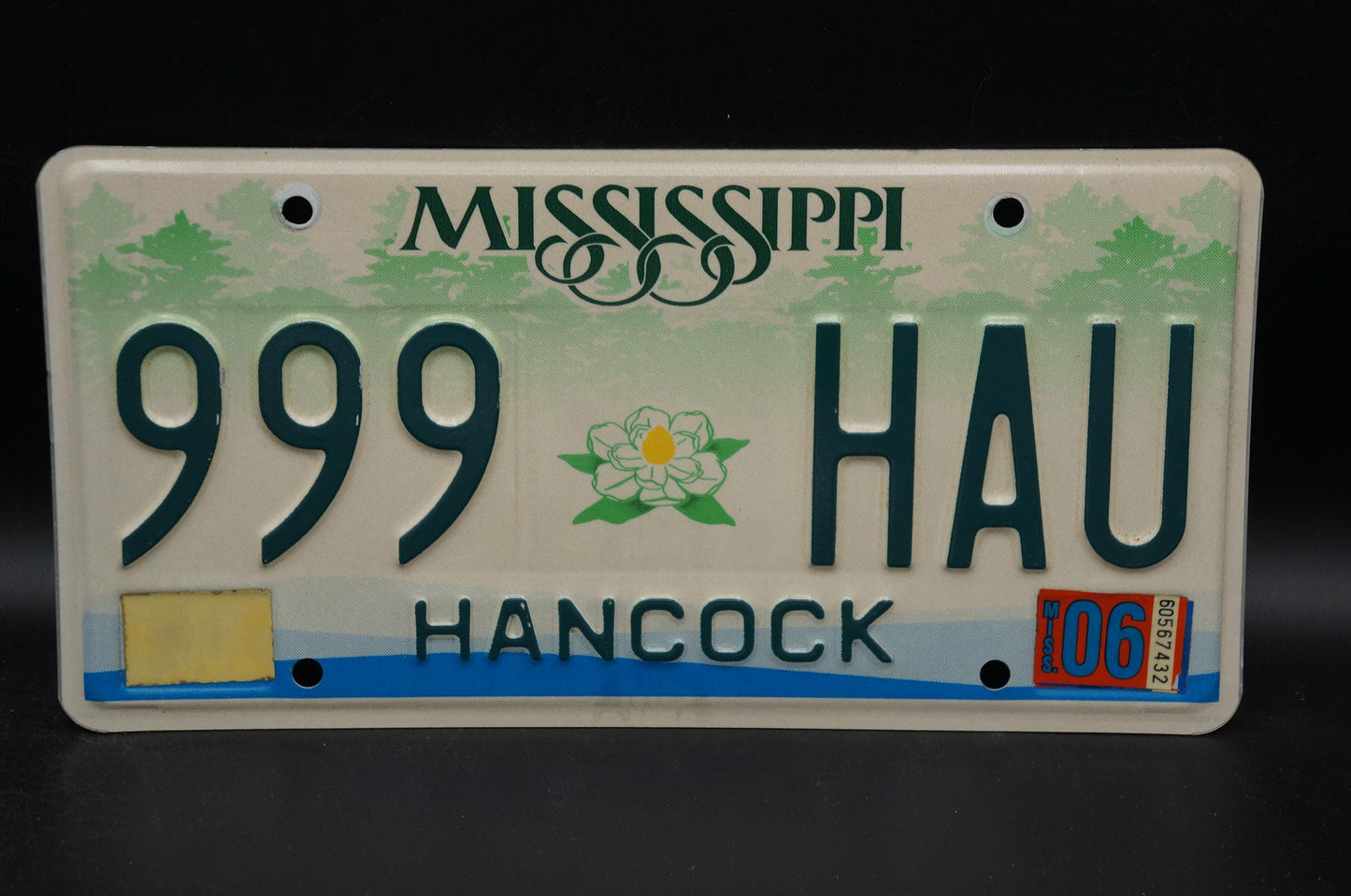 2006 Mississippi Embossed Green White Magnolia Flower License Plate # 999 HAU