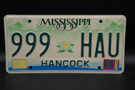 2006 Mississippi Embossed Green White Magnolia Flower License Plate # 999 HAU