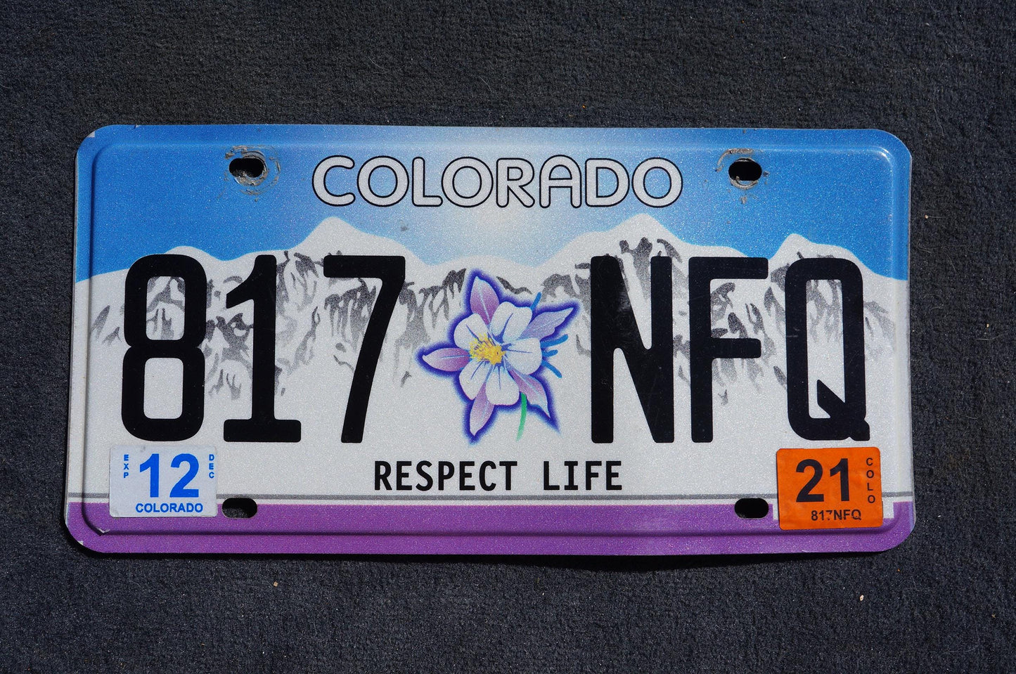 2021 Colorado License Plate RESPECT LIFE Columbine Flower Snow Mountains