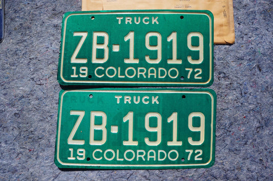 1972 Colorado Truck License Plate Pair: Vintage Green ZB-1919