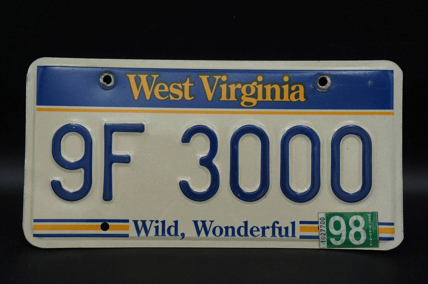 1998 West Virginia License Plate # 9F 3000 - Wild, Wonderful
