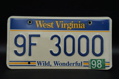 1998 West Virginia License Plate # 9F 3000 - Wild, Wonderful