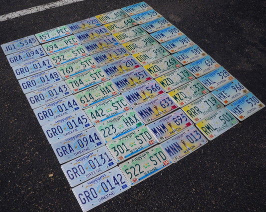 Mississippi License Plates Lot of 50: Guitar, Magnolia, Lighthouse Designs