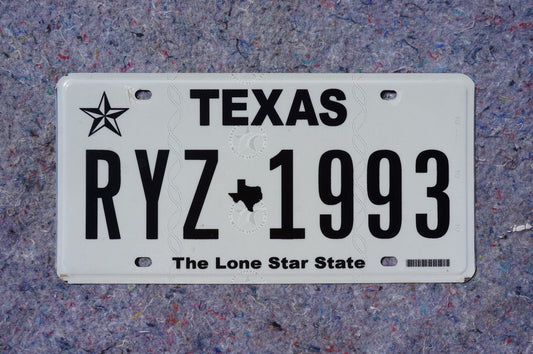 Texas License Plate # RYZ - 1993 Black on White The Lone Star State