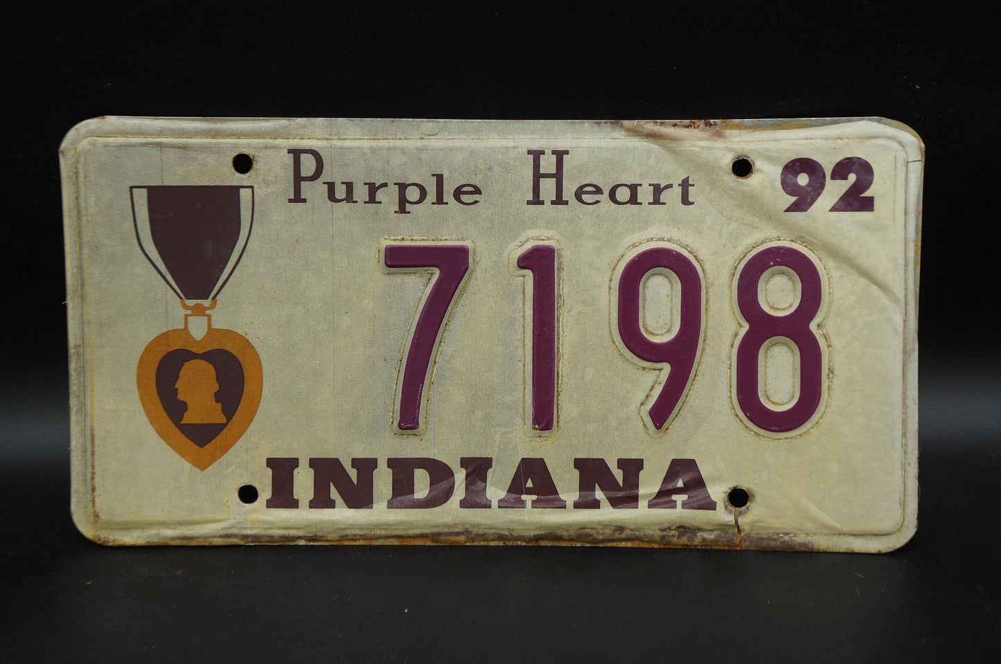 1992 Indiana PURPLE HEART License Plate # 7198