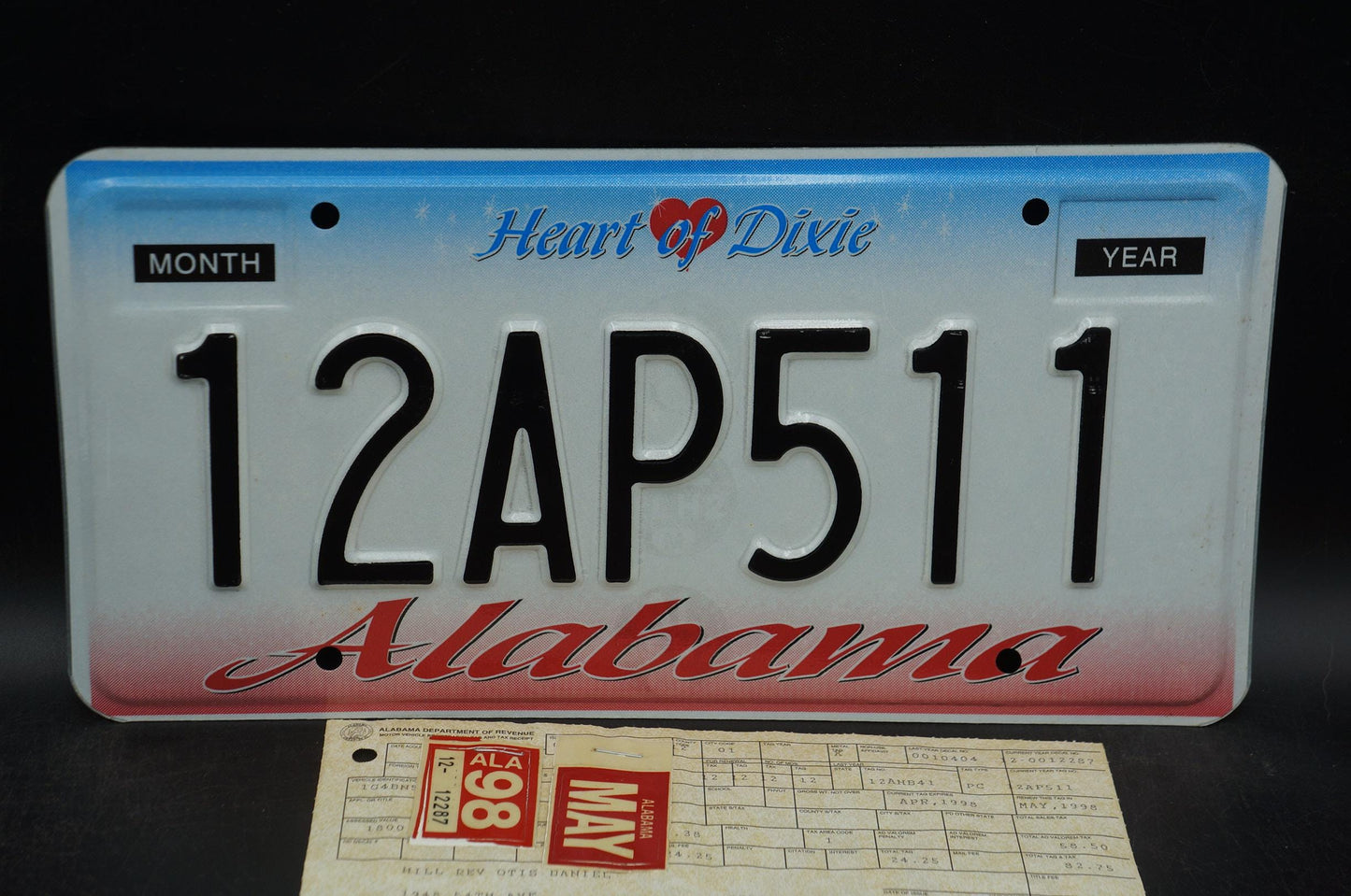 1998 Alabama HEART OF DIXIE License Plate with Original Registration