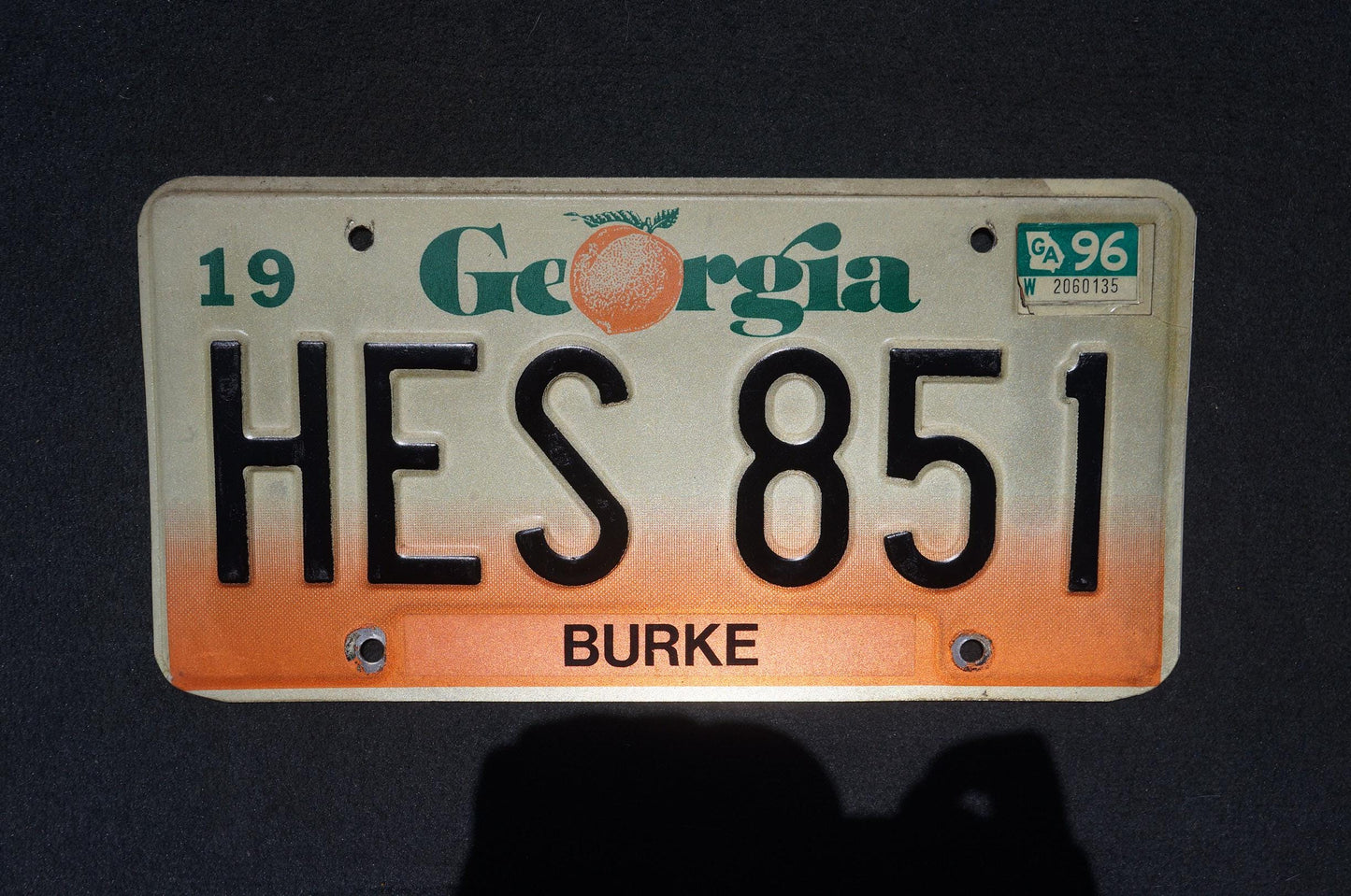 1996 Georgia Peach License Plate BURKE County # HES 851