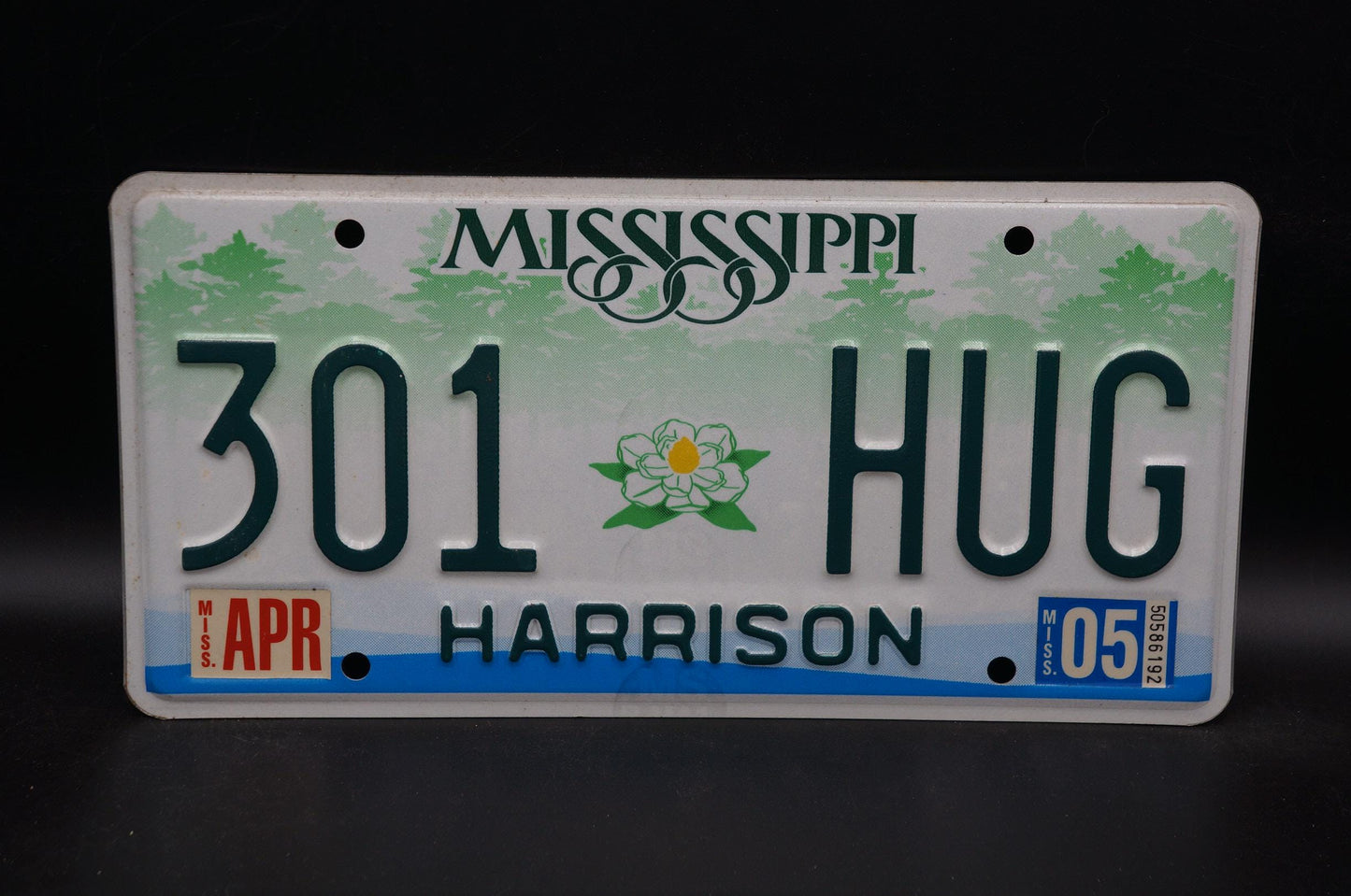 2005 Mississippi Embossed Green White Magnolia Flower License Plate # 301 HUG