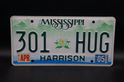 2005 Mississippi Embossed Green White Magnolia Flower License Plate # 301 HUG