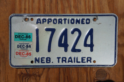 1984 1985 1986 Nebraska APPORTIONED TRAILER License Plate 17424