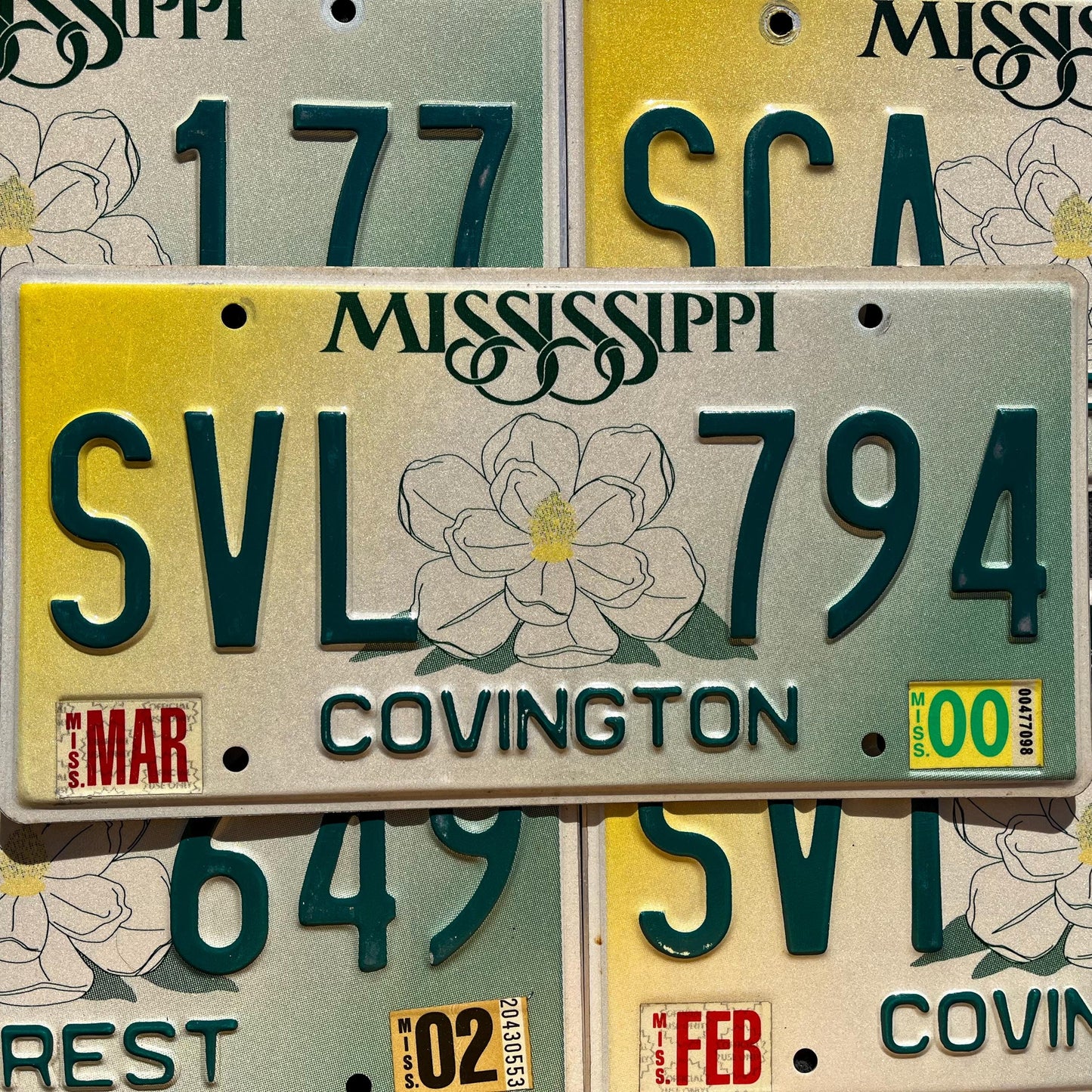 Authentic Mississippi Large Magnolia Flower Yellow Green Graphic License Plate Tags Good Condition