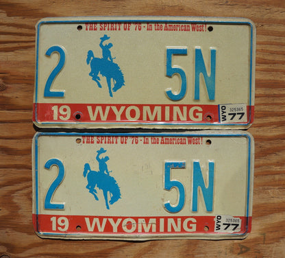1977 Wyoming BICENTENNIAL Cowboy Horse License Plate SET / PAIR Low # 5N